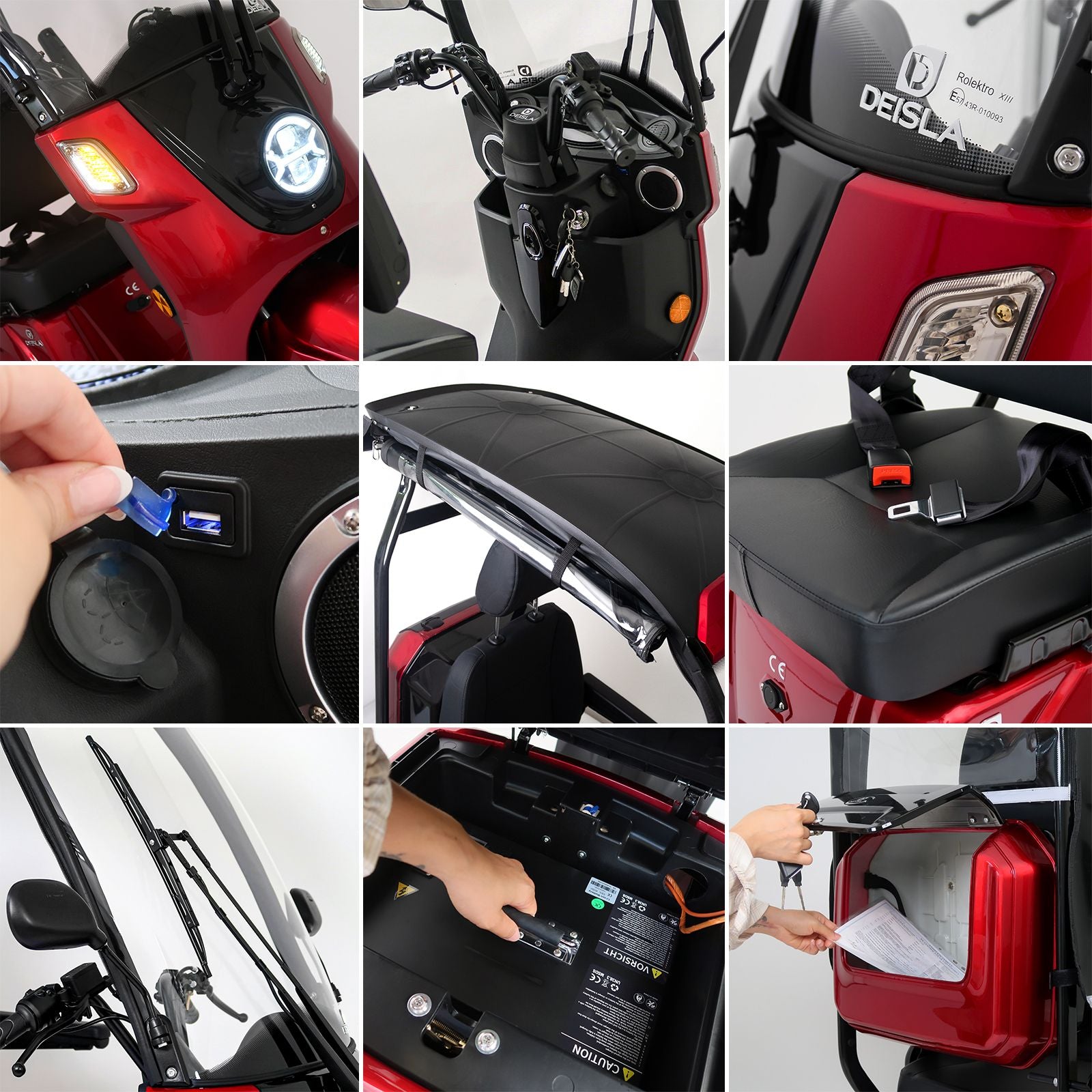 Deisla, Dreirad DS3-15 mit Dach und Wetterschutz, Lithium-Akku, Rot, 15 km/h