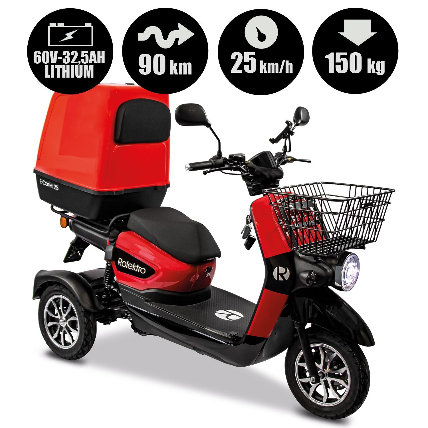 Rolektro E-Carrier 25 V.3 Lithium, Rot, mit XXL-Koffer, 25 km/h