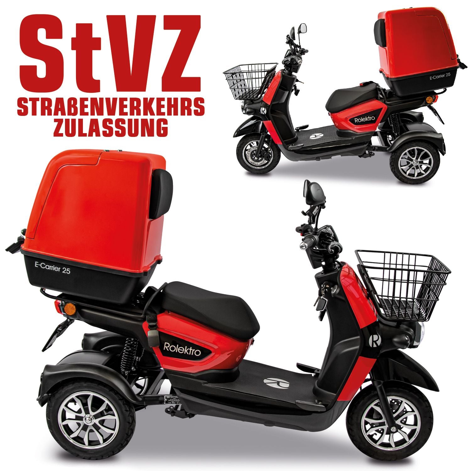 Rolektro E-Carrier 25 V.3 Lithium, Rot, mit XXL-Koffer, 25 km/h