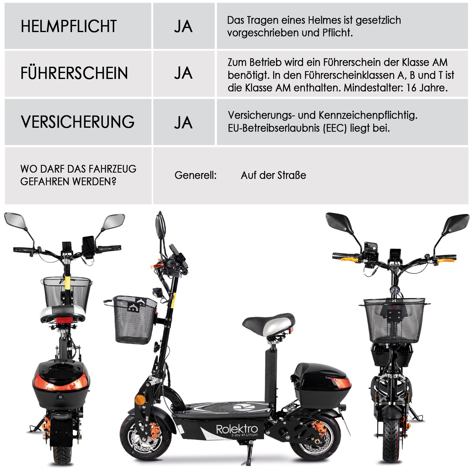 Rolektro E-Joy 45 Lithium, Schwarz, 45 km/h