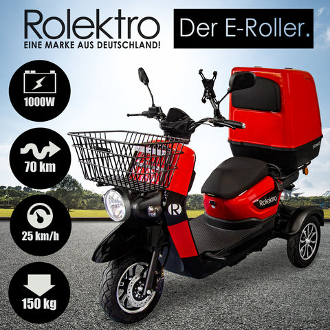 Rolektro, E-Carrier 25, Rot, mit XXL-Koffer, 60V-32Ah Bleigel Akkus, 1000 Watt