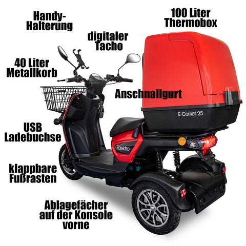 Rolektro, E-Carrier 25, Rot, mit XXL-Koffer, 60V-32Ah Bleigel Akkus, 1000 Watt